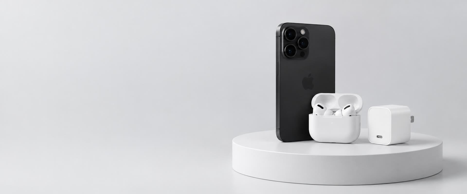 Smartphone, auriculares inalámbricos y cargador sobre un pedestal blanco